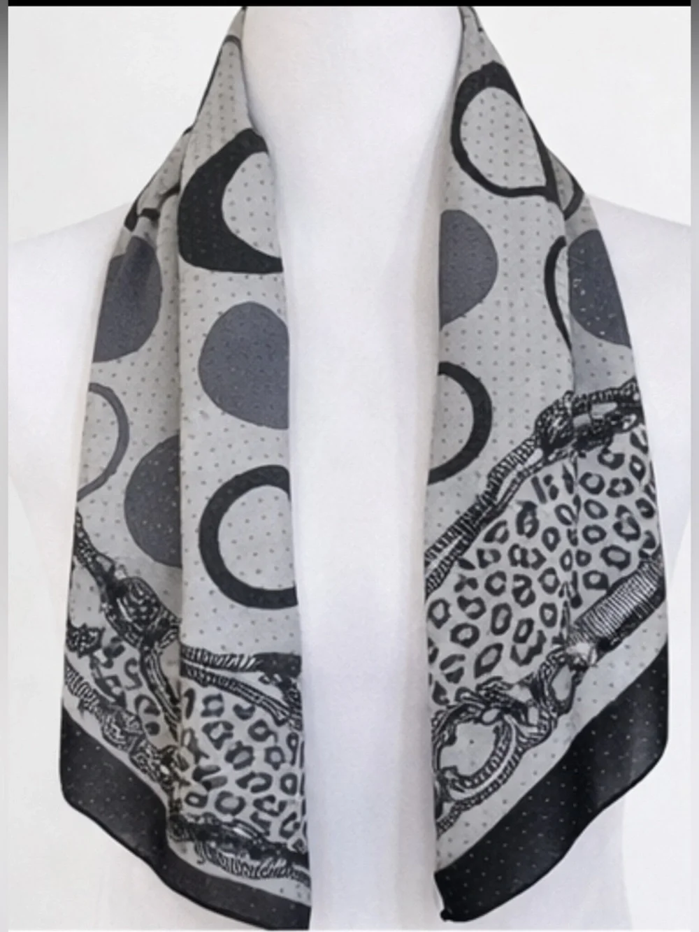 Black Gray Ivory Large Square Foulard Scarf Gold Metallic Dot Sheer Wrap 41”